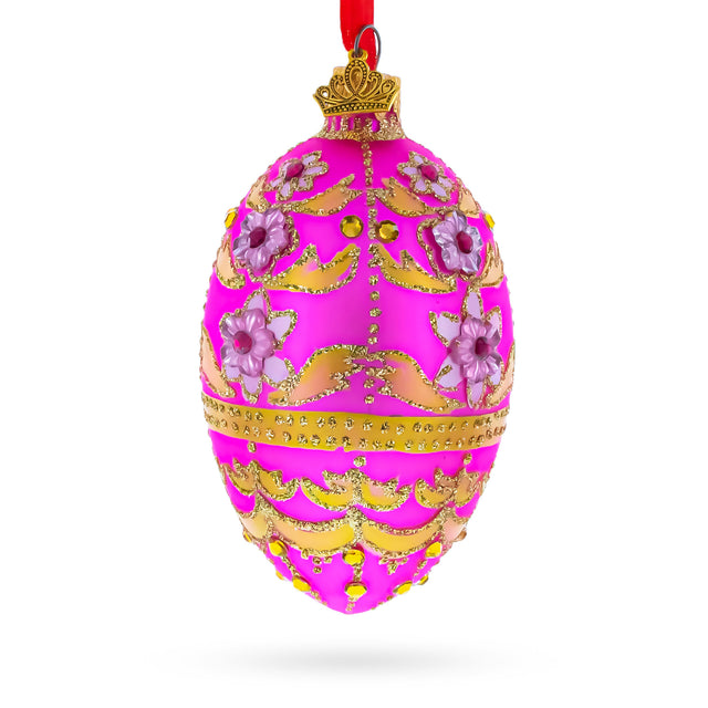 Glass Jeweled Flowers on Pink Glass Egg Ornament 4 Inches in Pink color Oval