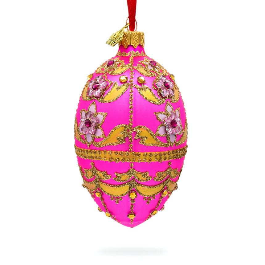 Glass Jeweled Flowers on Pink Glass Egg Ornament 4 Inches in Pink color Oval