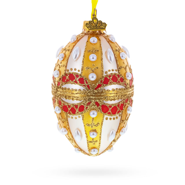 Glass Pearls on Gold and White Glass Egg Ornament 4 Inches in Multi color Oval