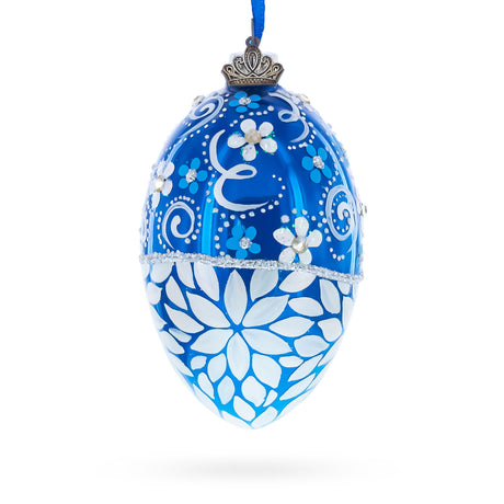 Glass White Pearled Flowers on Glossy Blue Glass Egg Ornament 4 Inches in Multi color Oval