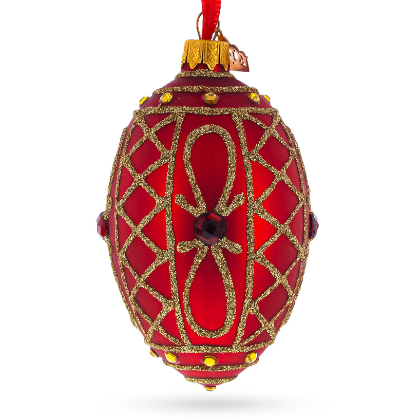 Glass Red Jewel on Red Glass Egg Ornament 4 Inches in Red color Oval