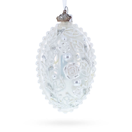 Glass 3D Pearl Roses Glass Egg Ornament 4 Inches in White color Oval