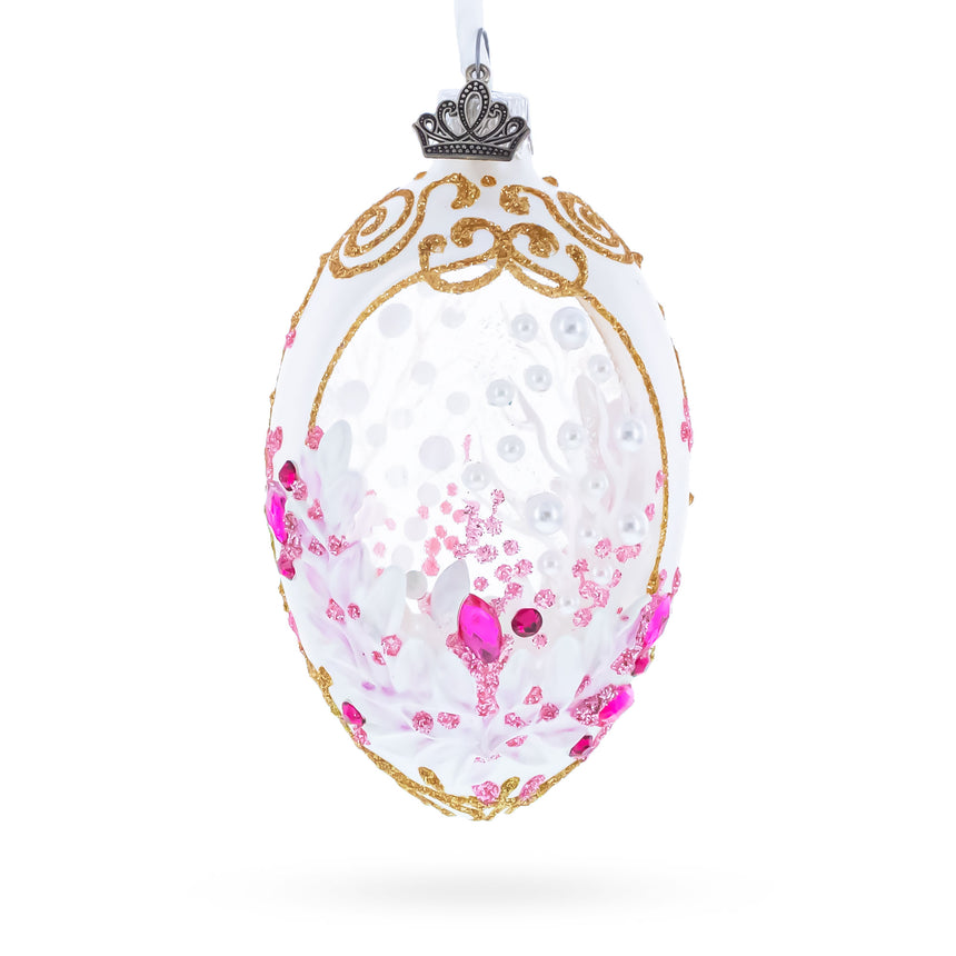 Glass Pink Pearls on Clear Glass Egg Ornament 4 Inches in Clear color Oval