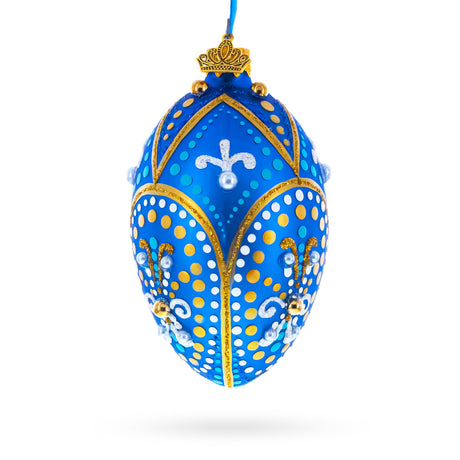 Glass Royal Blue and Gold Festive Design Glass Egg Ornament 4 Inches in Blue color Oval