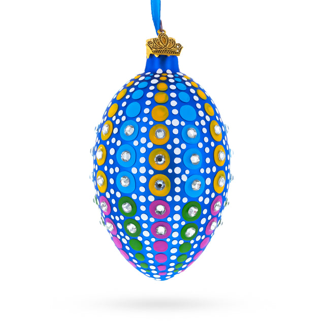 Glass Vibrant Polka Dot Jewel-Toned Glass Egg Ornament  4 Inches in Blue color Oval