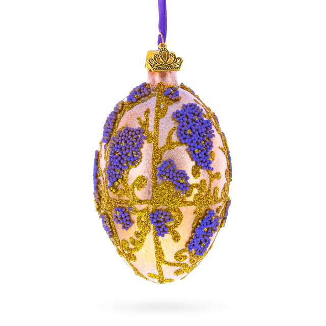 Glass Golden Amber with Lavender Blossoms Beaded Glass Egg Ornament in Gold color Oval