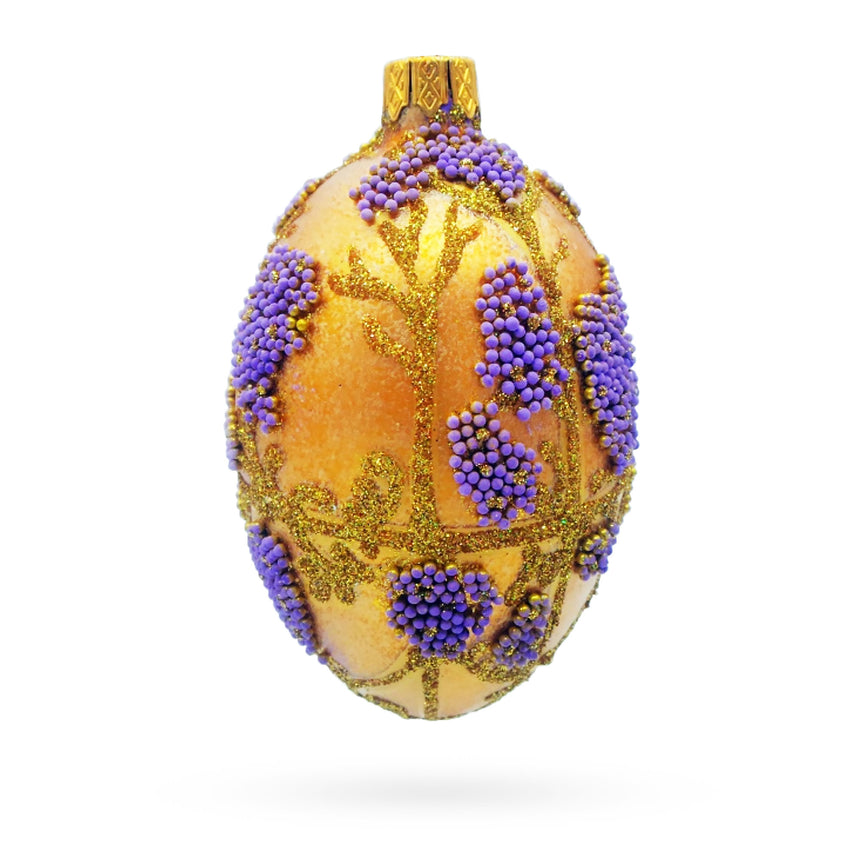 Glass Golden Amber with Lavender Blossoms Beaded Glass Egg Ornament in Gold color Oval