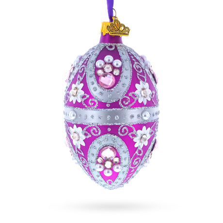 Glass Purple Elegance with Pearls and Floral Accents Glass Egg Ornament 4 Inches in Purple color Oval