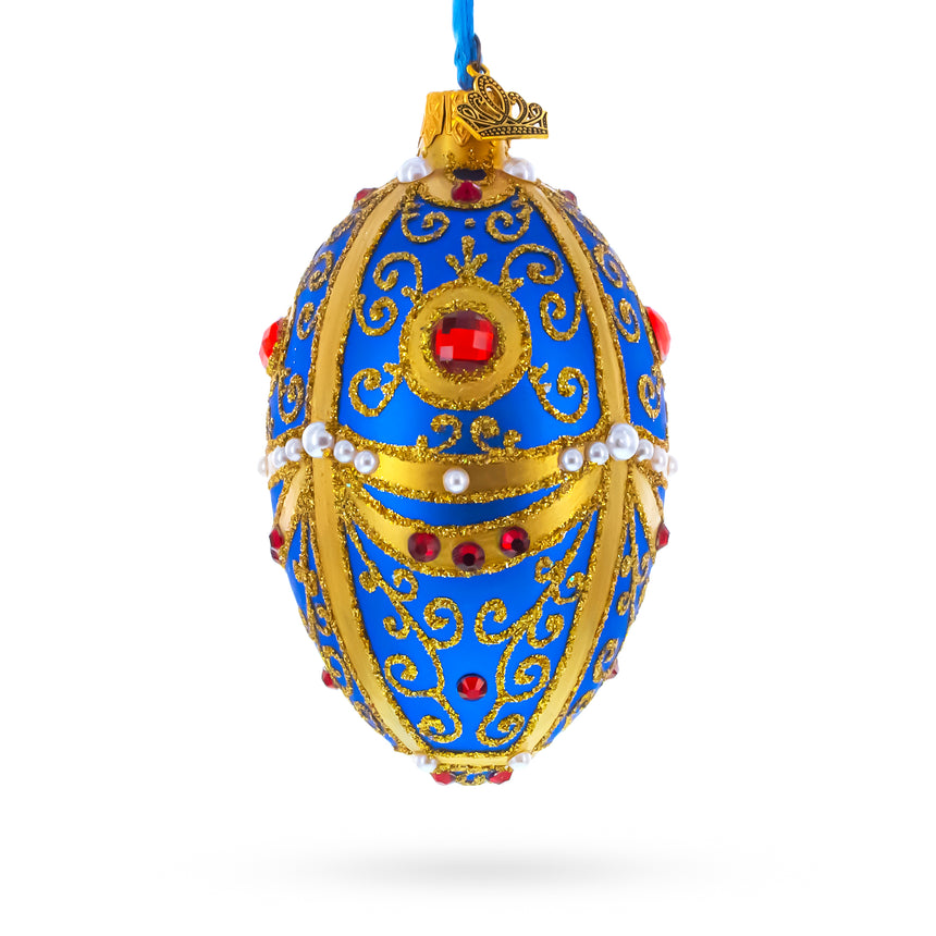 Glass Royal Blue and Gold Ornate Jeweled Glass Egg Ornament 4 Inches in Blue color Oval