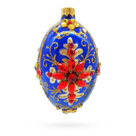 Glass Sapphire with Red Floral Gemstone Embellishments Glass Egg Ornament in Blue color Oval