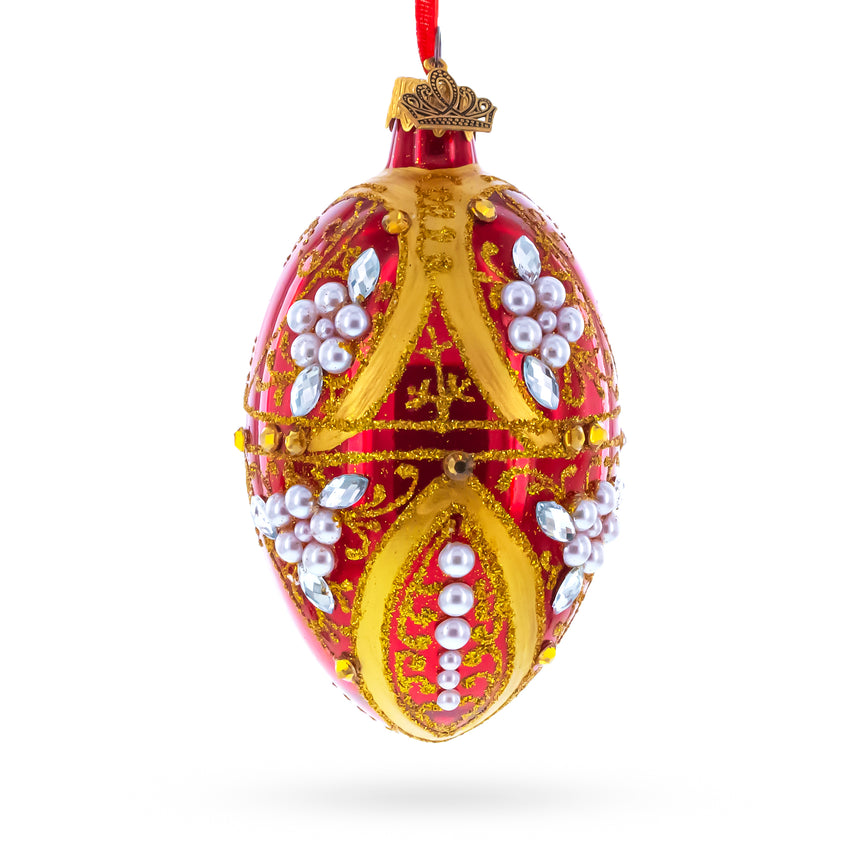 Glass Regal Red and Gold Filigree with Pearls Glass Egg Ornament 4 Inches in Red color Oval