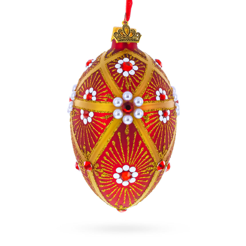 Glass Red and Gold Floral Bejeweled Glass Egg Ornament in Red color Oval