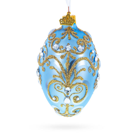 Glass Elegant Blue and Gold Jeweled Glass Egg Ornament in Blue color Oval