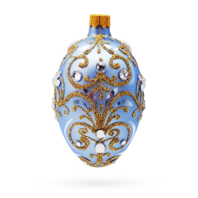 Glass Elegant Blue and Gold Jeweled Glass Egg Ornament in Blue color Oval