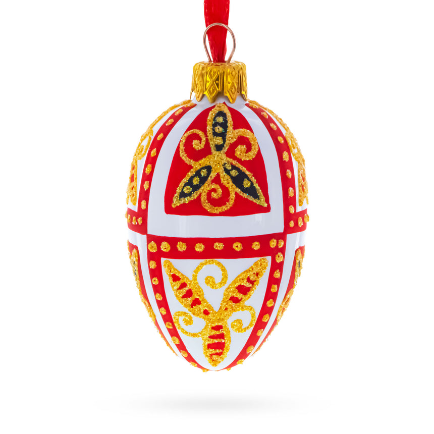 Glass Red & Gold on White Floral Design Mini Glass Egg Ornament 2.9 Inches in White color Oval