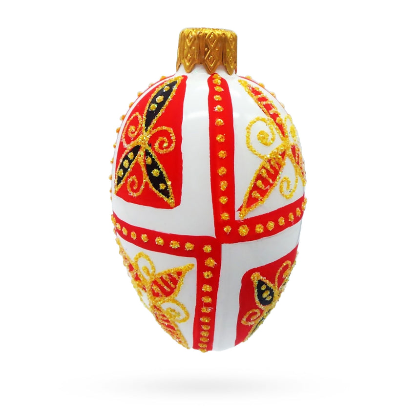 Glass Red & Gold on White Floral Design Mini Glass Egg Ornament in White color Oval