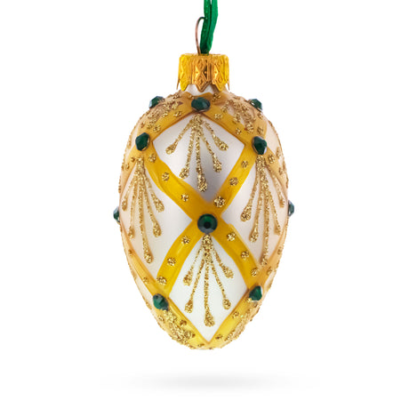 Glass Beige & Emerald Jewel Accented Mini Glass Egg Ornament 2.9 Inches in Beige color Oval