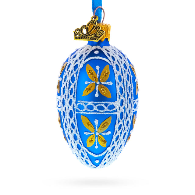 Glass Royal Blue & Gold Floral Lace Mini Glass Egg Ornament 2.9 Inches in Blue color Oval