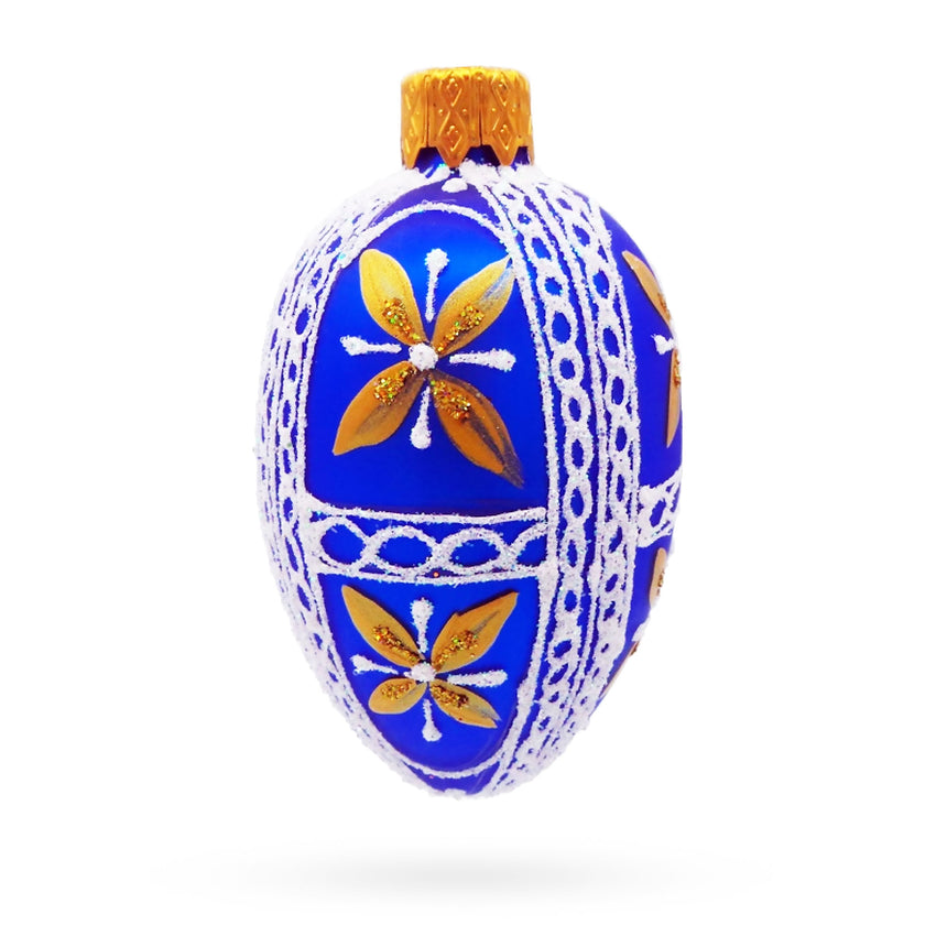 Glass Royal Blue & Gold Floral Lace Mini Glass Egg Ornament in Blue color Oval