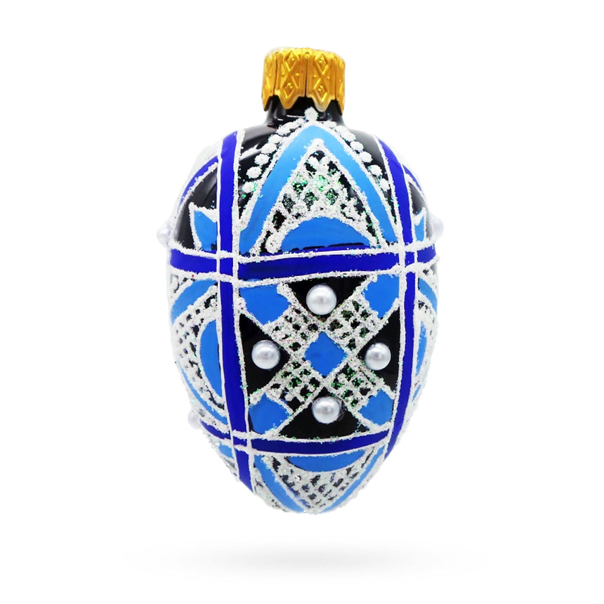 Glass Ukrainian Geometric Blue on Purple Mini Glass Egg Ornament in Blue color Oval