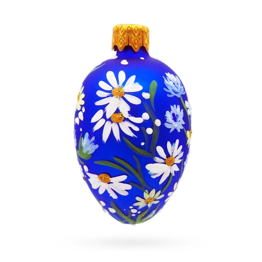 Glass Cobalt Blue with White Daisy Floral Mini Glass Egg Ornament in Blue color Oval