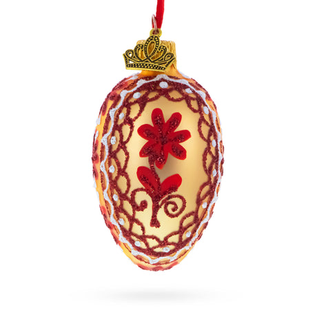 Glass Cream with Red Floral and Lace Accents Mini Glass Egg Ornament 2.9 Inches in Red color Oval