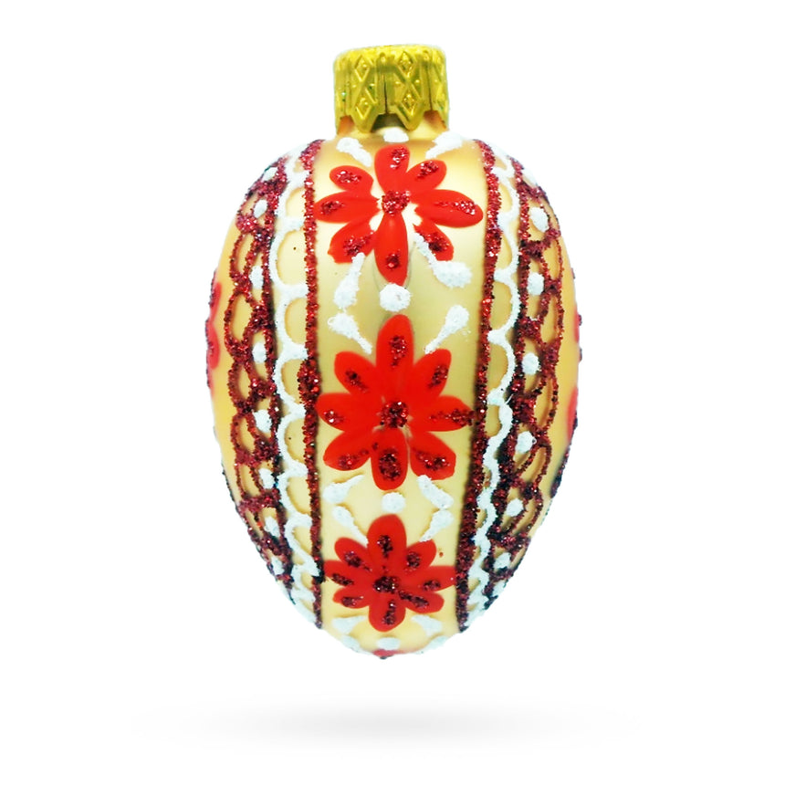 Glass Cream with Red Floral and Lace Accents Mini Glass Egg Ornament in Red color Oval