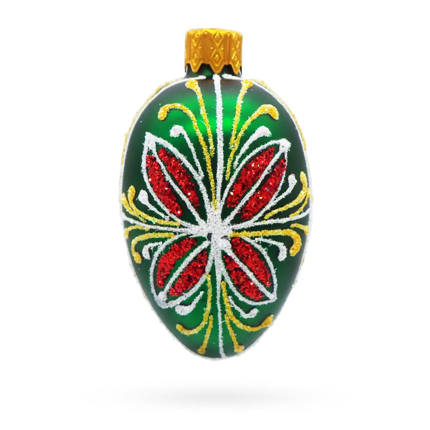 Glass Emerald Green with Red and Gold Floral Mini Glass Egg Ornament in Green color Oval