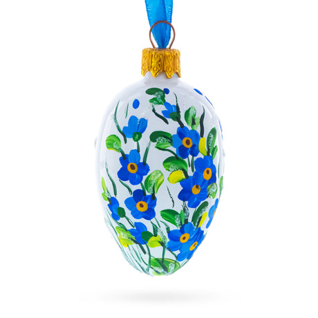 Glass White with Blue Floral and Green Leaf Accents Mini Glass Egg Ornament 2.9 Inches in White color Oval