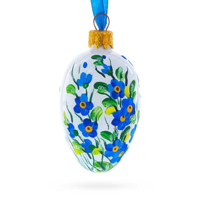 Glass White with Blue Floral and Green Leaf Accents Mini Glass Egg Ornament 2.9 Inches in White color Oval