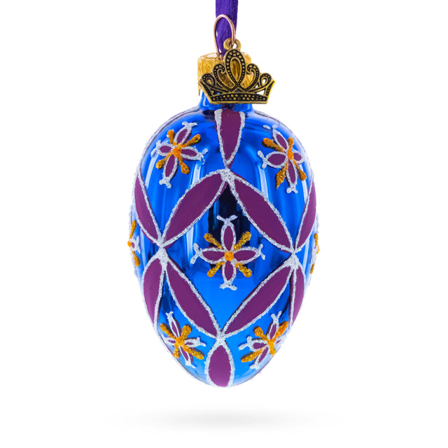 Glass Cobalt Blue with Pink and Yellow Floral Pattern Mini Glass Egg Ornament 2.9 Inches in Purple color Oval