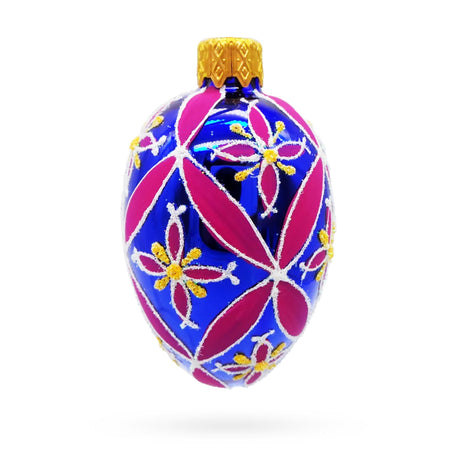 Glass Cobalt Blue with Pink and Yellow Floral Pattern Mini Glass Egg Ornament in Purple color Oval