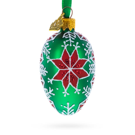 Glass Festive Green with Red and White Snowflake Pattern Mini Glass Egg Ornament 2.9 Inches in Green color Oval