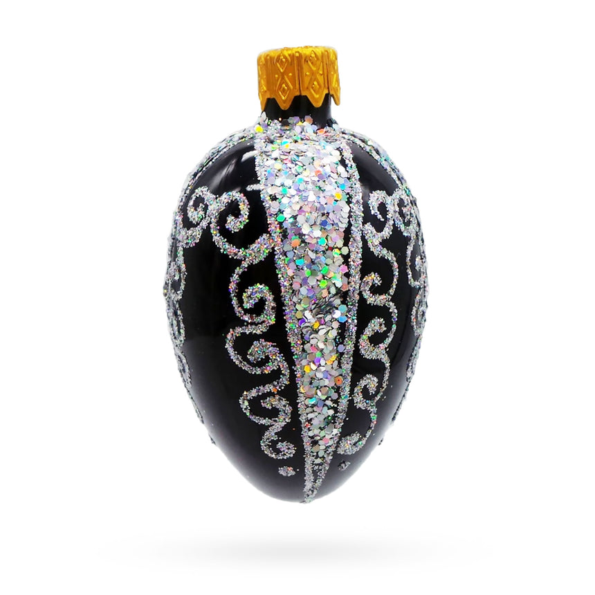 Glass Black with Silver Glitter Swirls and Sequins Mini Glass Egg Ornament in Black color Oval