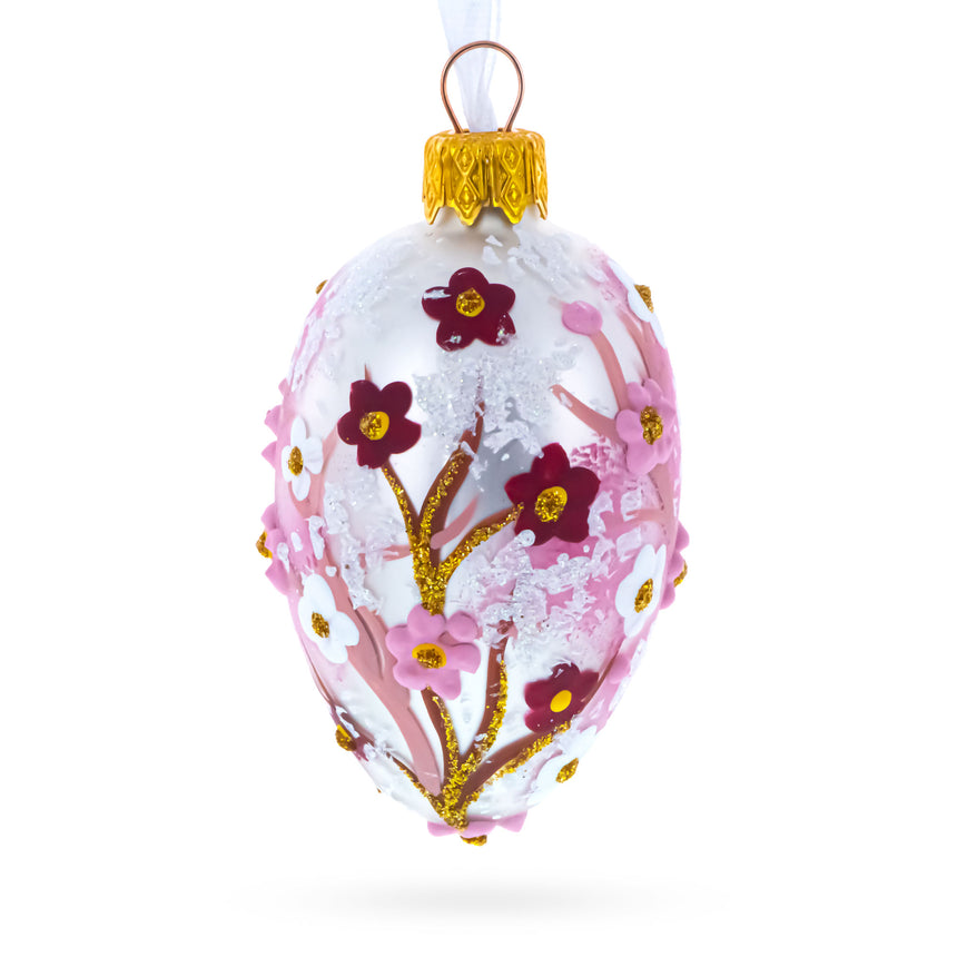 Glass Pearl White with Pink Blossom Tree Design Mini Glass Egg Ornament 2.9 Inches in White color Oval