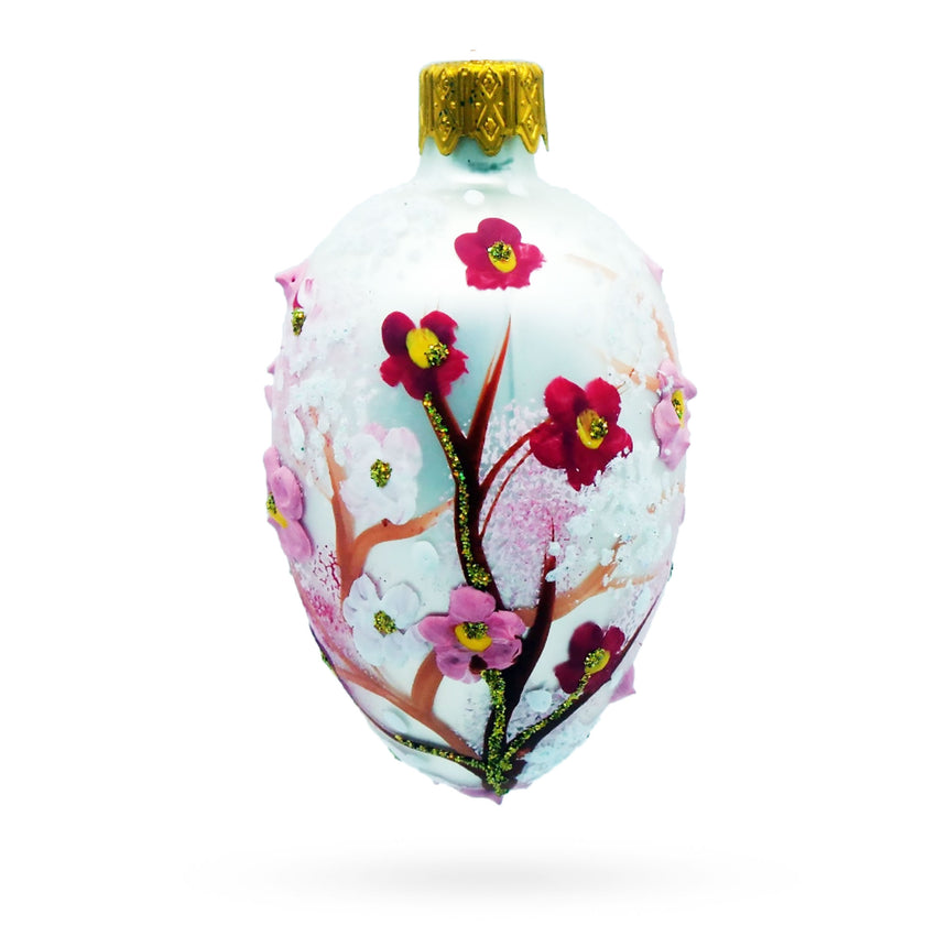 Glass Pearl White with Pink Blossom Tree Design Mini Glass Egg Ornament in White color Oval