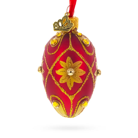 Glass Red with Gold Floral and Jewel Accents Mini Glass Egg Ornament 2.9 Inches in Red color Oval