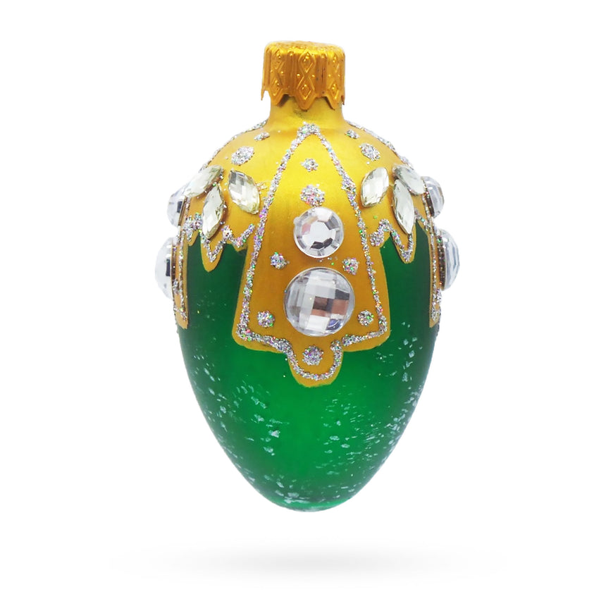 Glass Green with Gold and Clear Jewel Accents Mini Glass Egg Ornament in Green color Oval