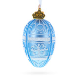 Glass Frosted Blue with White Floral Pattern Mini Glass Egg Ornament 2.9 Inches in Blue color Oval