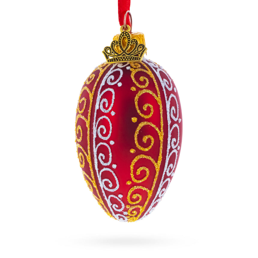 Glass Red with Gold and White Swirl Design Mini Glass Egg Ornament 2.9 Inches in Red color Oval