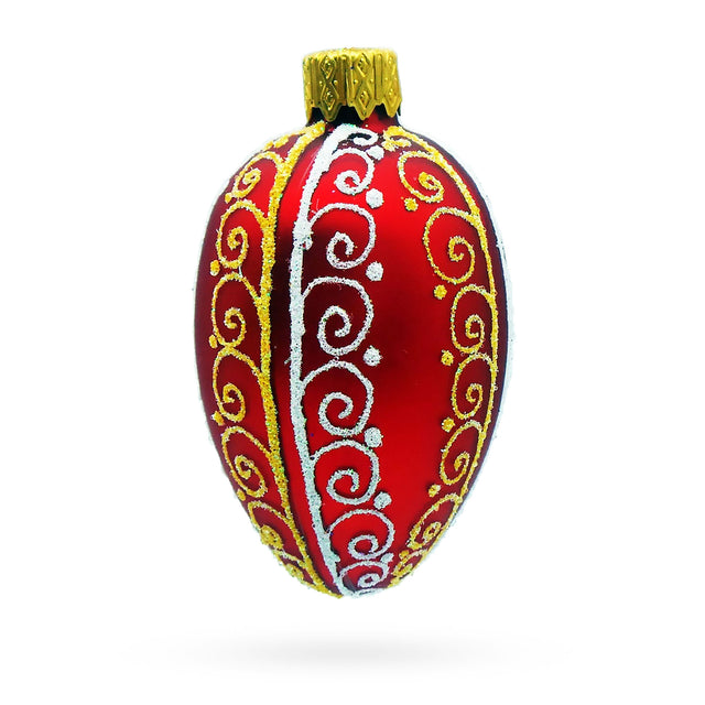 Glass Red with Gold and White Swirl Design Mini Glass Egg Ornament in Red color Oval