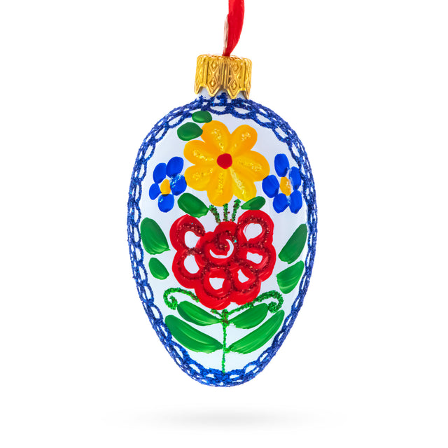 Glass White with Multicolor Floral and Blue Lace Accents Mini Glass Egg Ornament 2.9 Inches in White color Oval