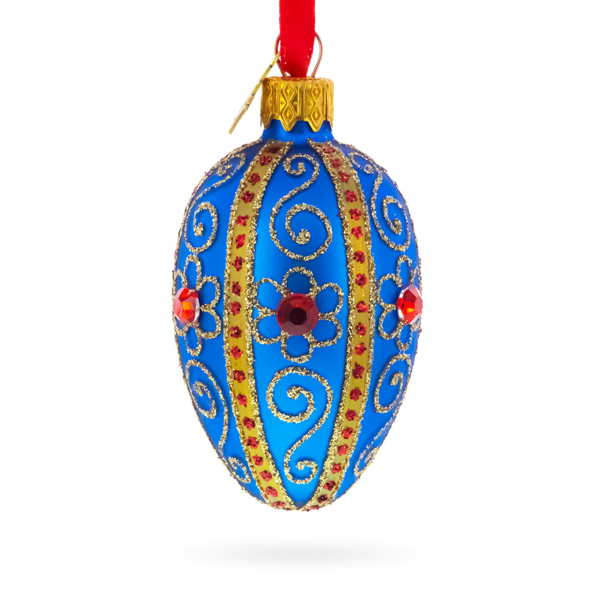 Glass Royal Blue with Gold and Red Gem Accents Mini Glass Egg Ornament 2.9 Inches in Blue color Oval