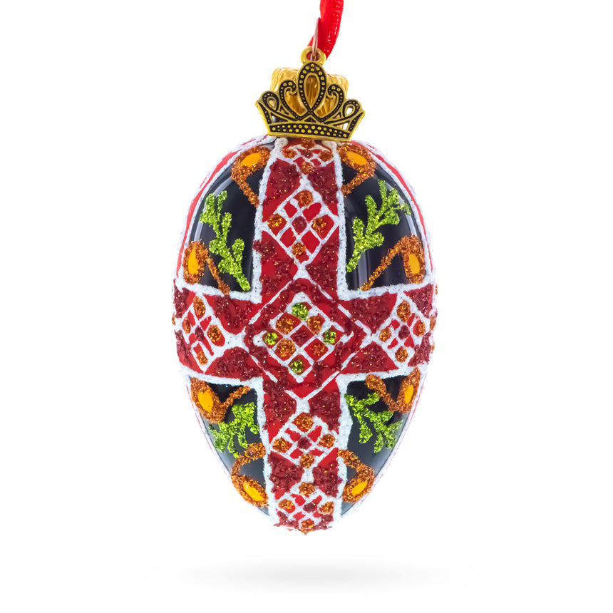 Glass Black with Red, Green, and Gold Glitter Cross Pattern Mini Glass Egg Ornament 2.9 Inches in Red color Oval