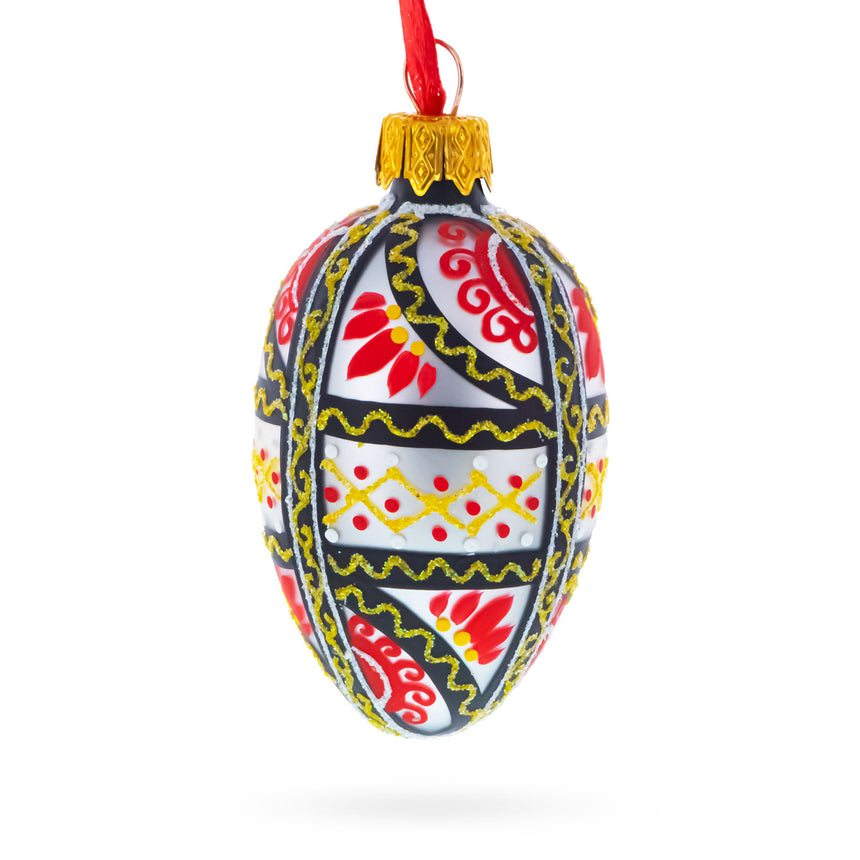 Glass Ukrainian Geometric Red and Gold Mini Glass Egg Ornament 2.9 Inches in White color Oval