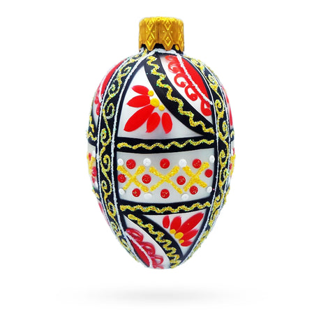 Glass Ukrainian Geometric Red and Gold Mini Glass Egg Ornament in White color Oval