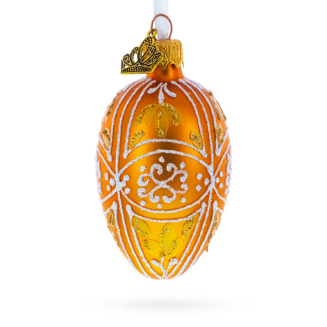 Glass Amber Gold with White and Gold Filigree Design Mini Glass Egg Ornament 2.9 Inches in Gold color Oval