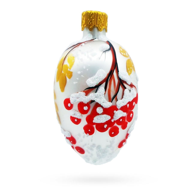 Glass Frosted White with Red Berry and Snow-Covered Branch Design Mini Glass Egg Ornament in White color Oval