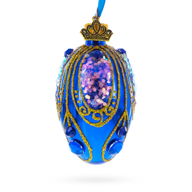 Glass Royal Blue with Gold Glitter and Iridescent Sequins Mini Glass Egg Ornament 2.9 Inches in Blue color Oval