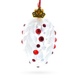 Glass White with Red Gem Accents and Leaf Design Mini Glass Egg Ornament 2.9 Inches in White color Oval